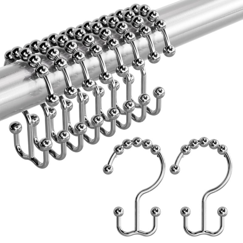 Amazer Shower Curtain Rings, Rust-Resistant Metal Double Shower Hooks for Curtain Rolling Shower Curtain Hooks Rings Shower Rings for Bathroom Shower Curtain Rod, Chrome, Set of 12 Rings - Image 1
